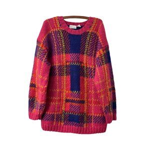 VTG QS International Womens Colorful Mohair Grunge Plaid Chunky Fuzzy Sweater L